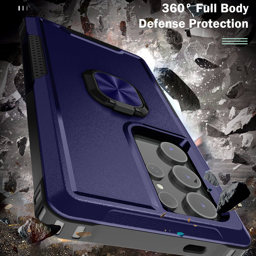 For Samsung Galaxy S24 Ultra Case Shockproof PC+Silicone Phone Cover with Rotary Ring Kickstand - Navy Blue