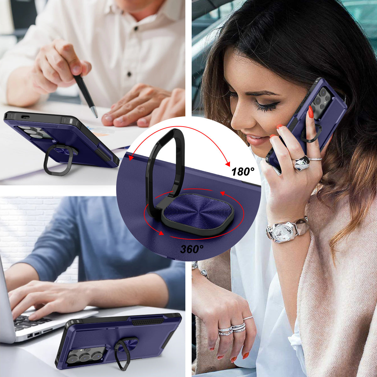 For Samsung Galaxy S24 Ultra Case Shockproof PC+Silicone Phone Cover with Rotary Ring Kickstand - Navy Blue