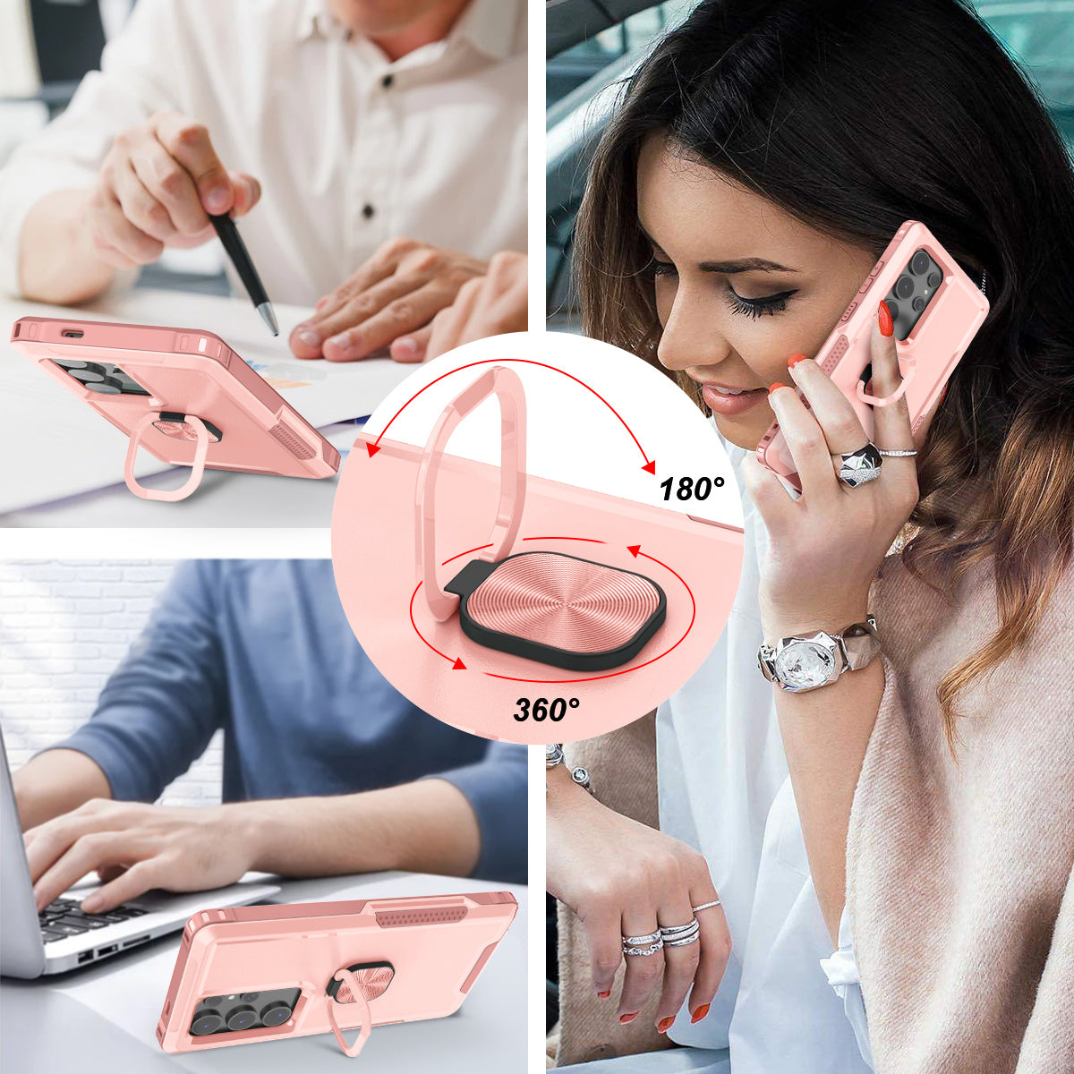 For Samsung Galaxy S24 Ultra Case Shockproof PC+Silicone Phone Cover with Rotary Ring Kickstand - Pink
