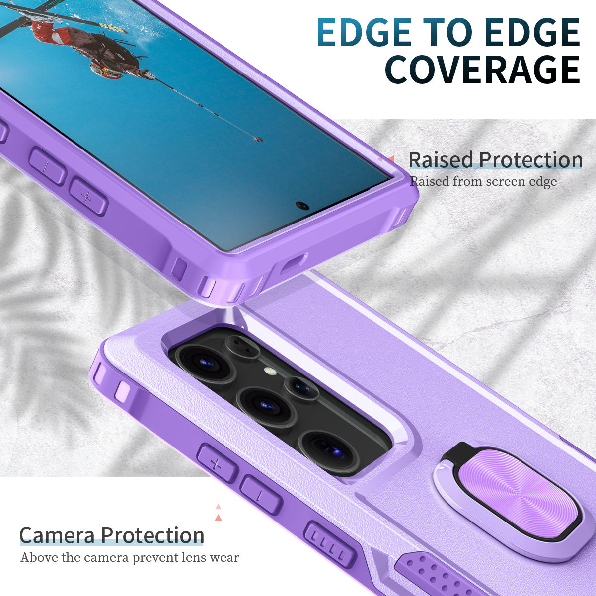 For Samsung Galaxy S24 Ultra Case Shockproof PC+Silicone Phone Cover with Rotary Ring Kickstand - Light Purple