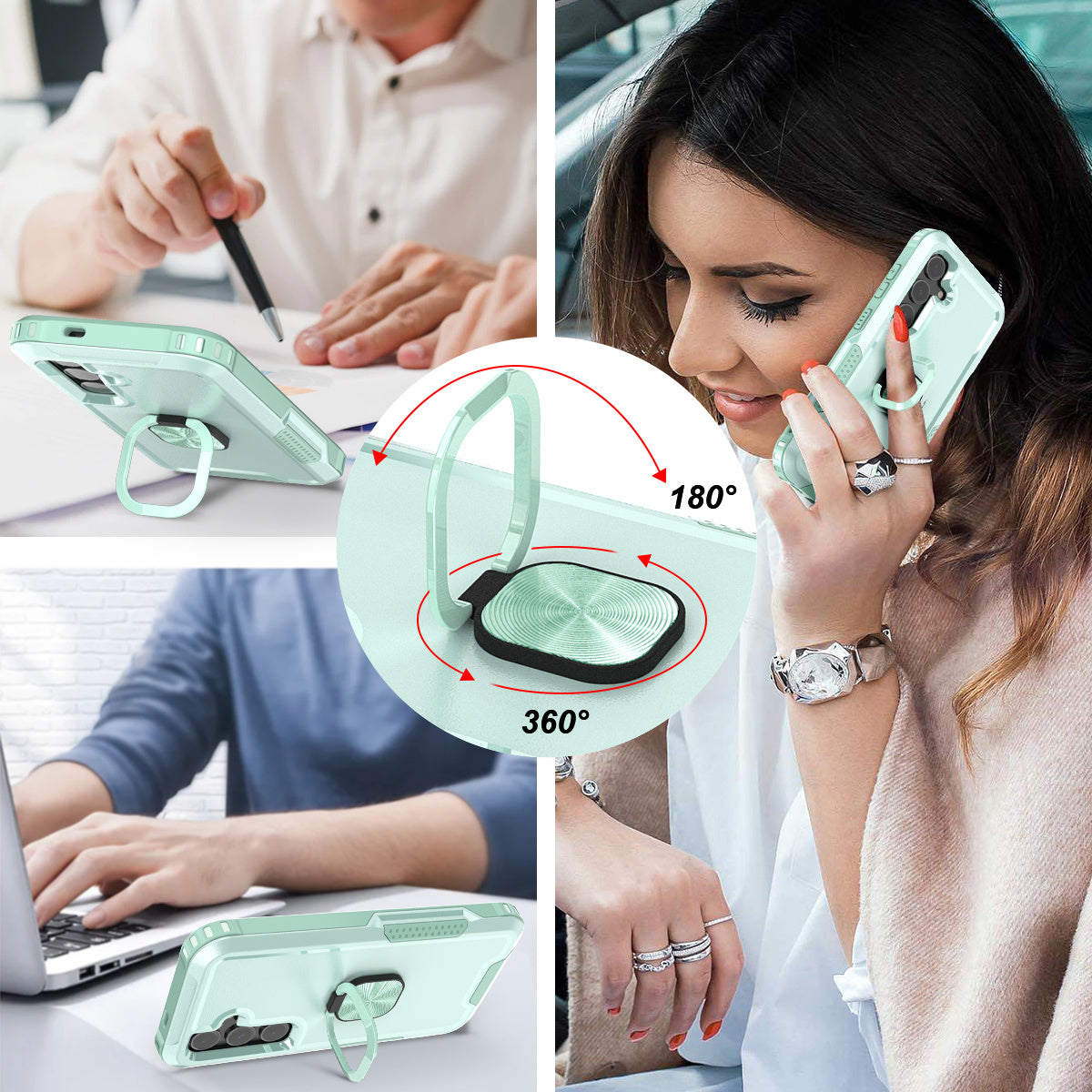 For Samsung Galaxy S24+ Case Anti-scratch PC+Silicone Rotatable Ring Kickstand Phone Protector - Green