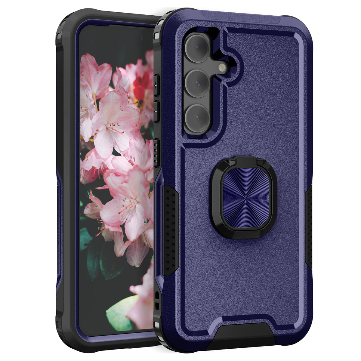 For Samsung Galaxy S24+ Case Anti-scratch PC+Silicone Rotatable Ring Kickstand Phone Protector - Navy Blue