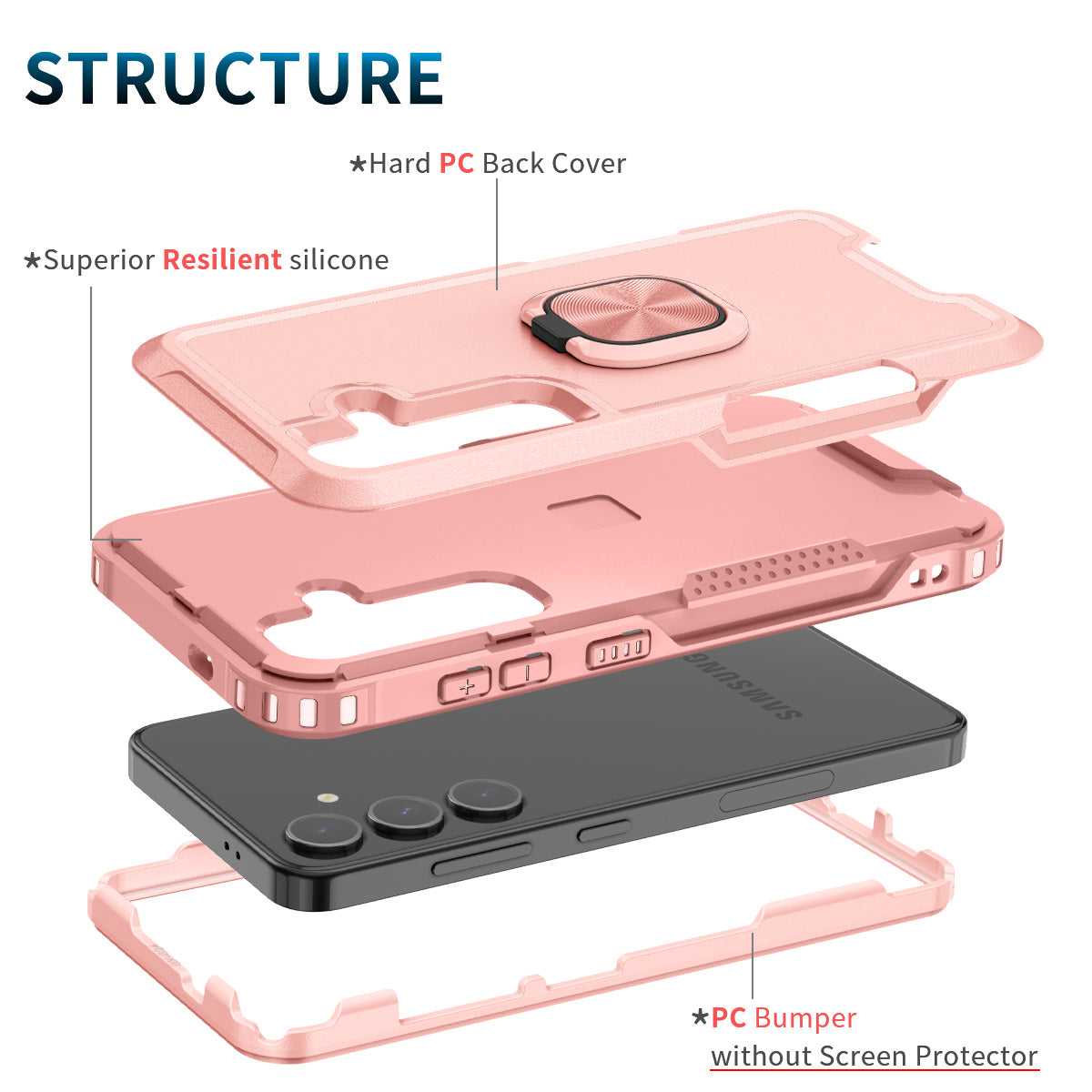 For Samsung Galaxy S24+ Case Anti-scratch PC+Silicone Rotatable Ring Kickstand Phone Protector - Pink