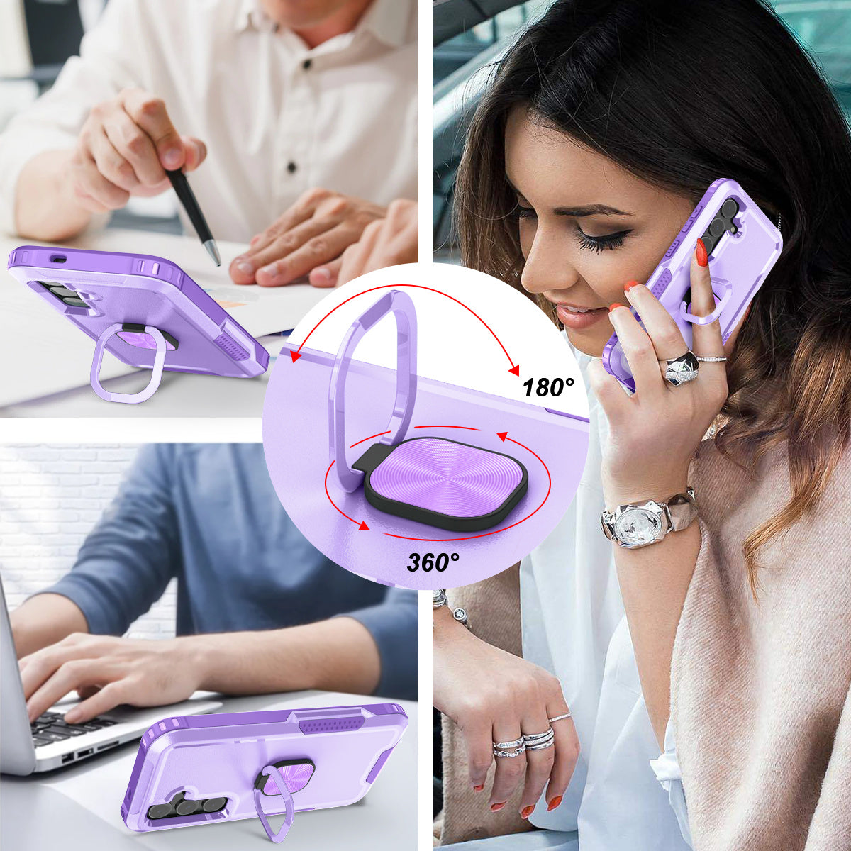 For Samsung Galaxy S24+ Case Anti-scratch PC+Silicone Rotatable Ring Kickstand Phone Protector - Light Purple