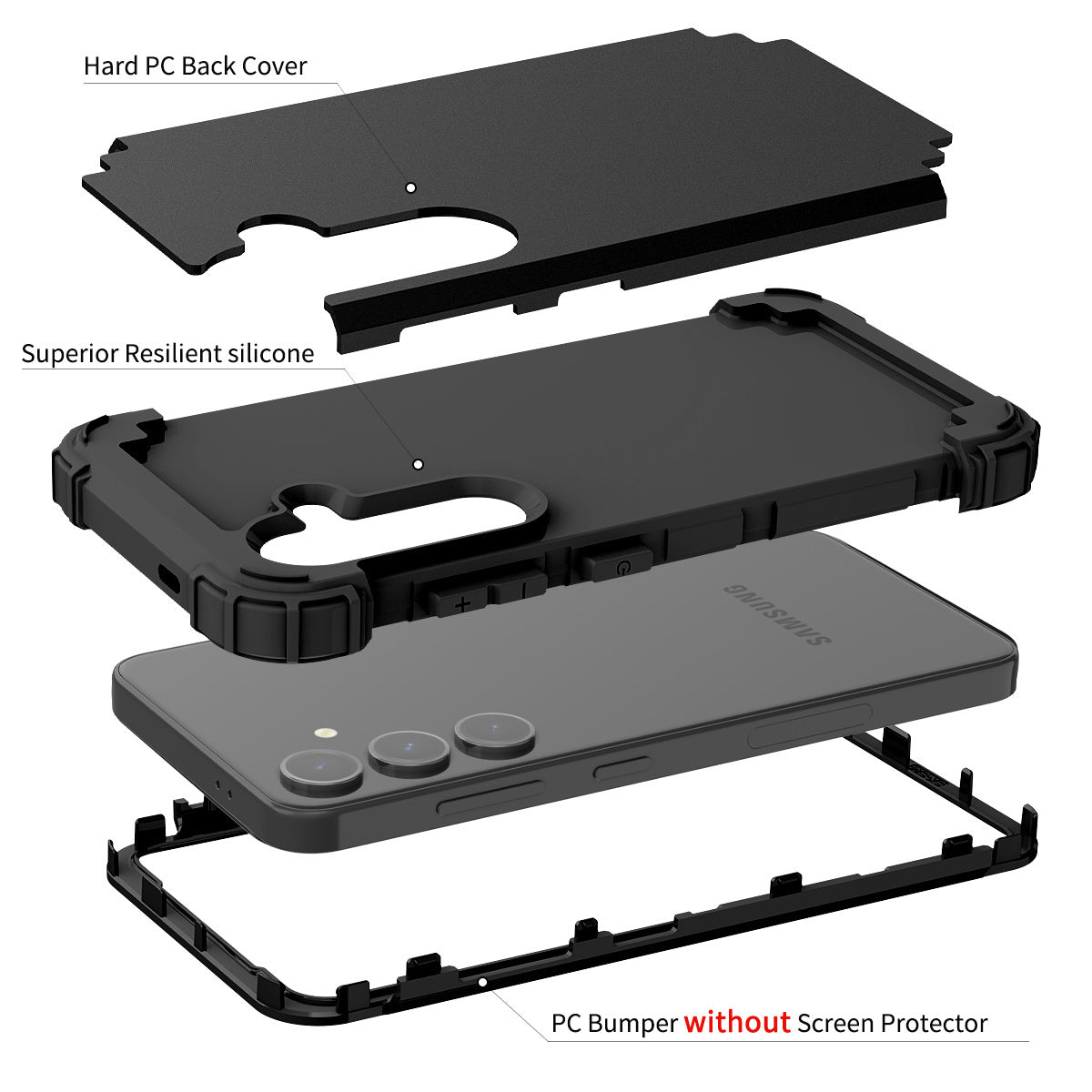L-Style For Samsung Galaxy S24+ Case Drop-proof PC + Silicone Protective Back Cover - Black+Black