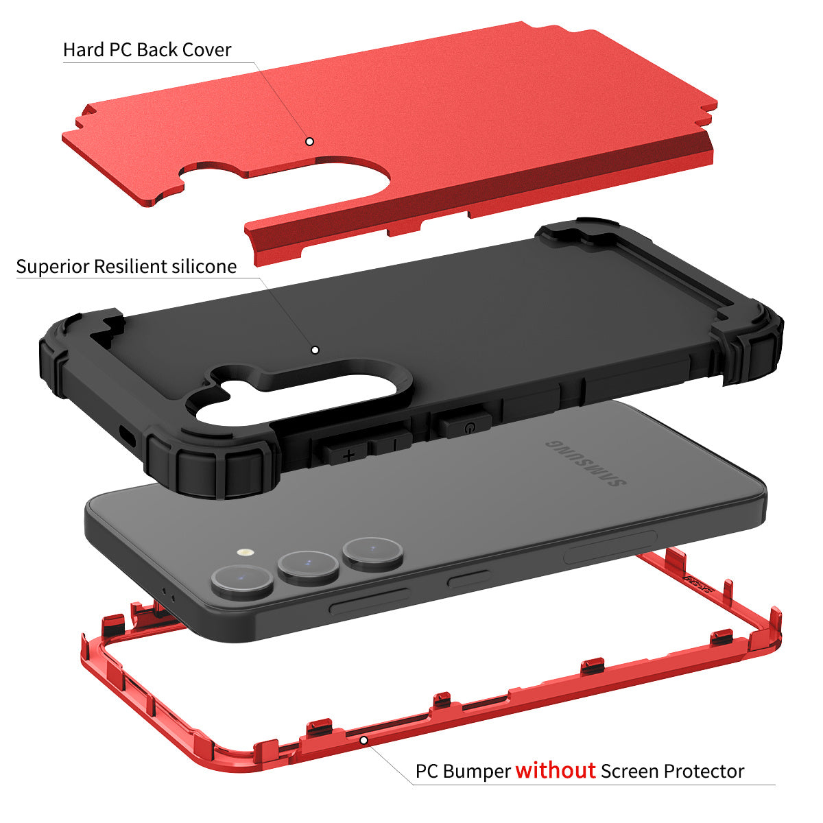 L-Style For Samsung Galaxy S24 Cell Phone Case Anti-fingerprints PC + Silicone Cover - Red+Black