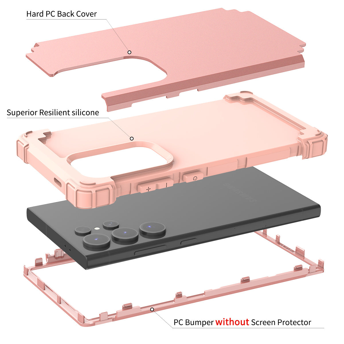 L-Style Phone Cover for Samsung Galaxy S24 Ultra Shell Scratch-resistant PC + Silicone Case - Rose Gold+Rose Gold