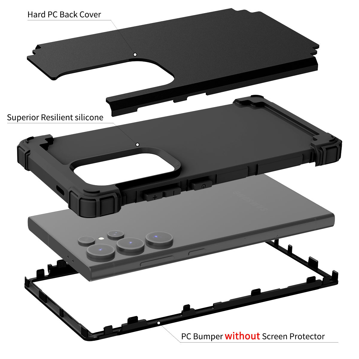 L-Style Phone Cover for Samsung Galaxy S24 Ultra Shell Scratch-resistant PC + Silicone Case - Black+Black
