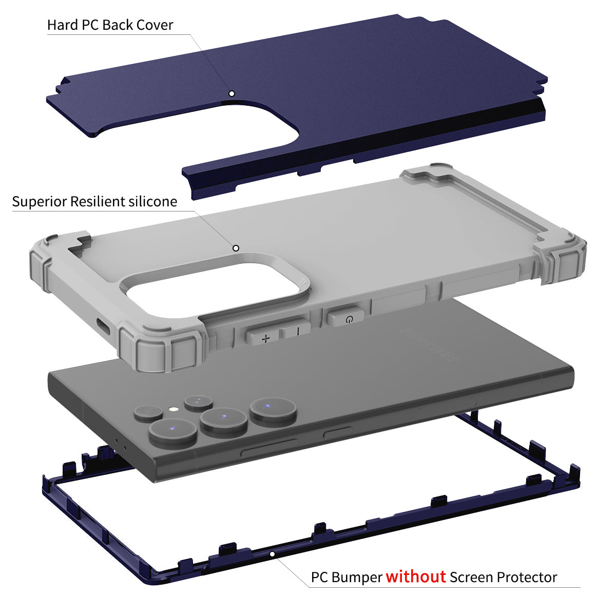 L-Style Phone Cover for Samsung Galaxy S24 Ultra Shell Scratch-resistant PC + Silicone Case - Navy Blue+Dark Grey