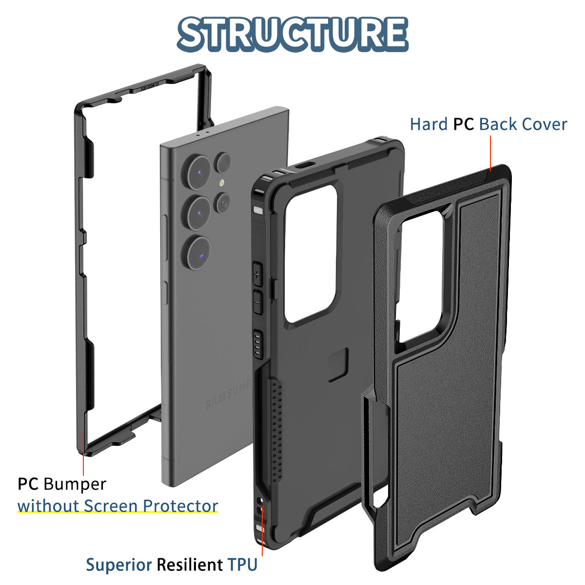 Style F1 For Samsung Galaxy S24 Ultra Case Scratch-resistant PC + TPU Phone Back Shell - Black