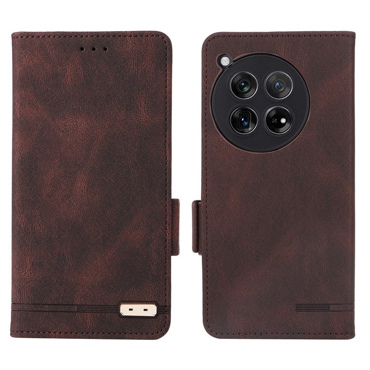 For OnePlus 12 5G Leather Case Wallet Phone Cover Hardware Decor - Coffee