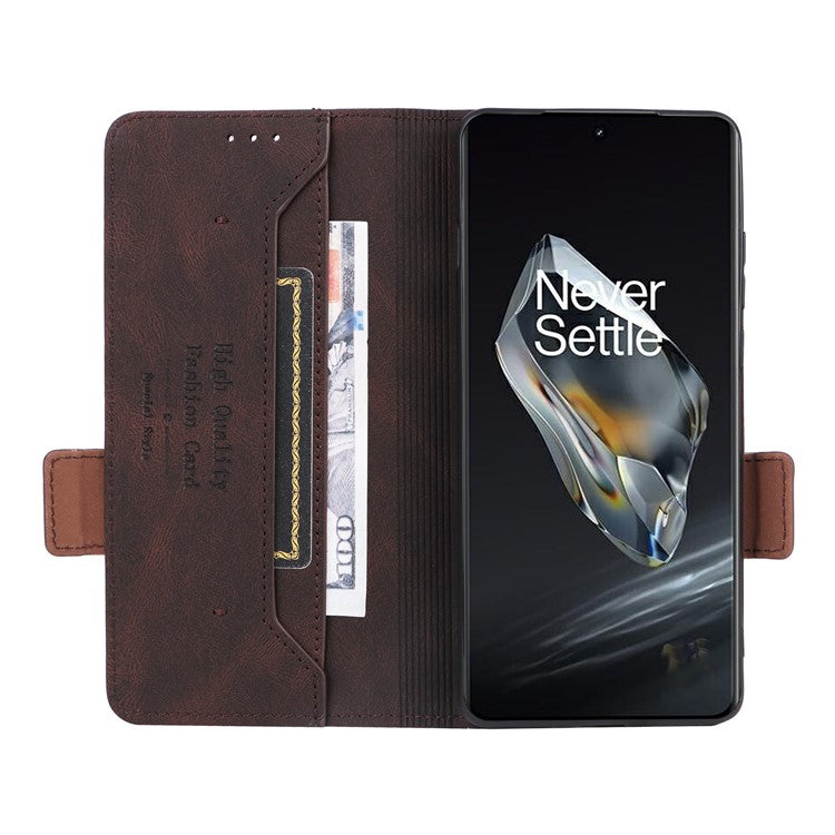 For OnePlus 12 5G Leather Case Wallet Phone Cover Hardware Decor - Coffee