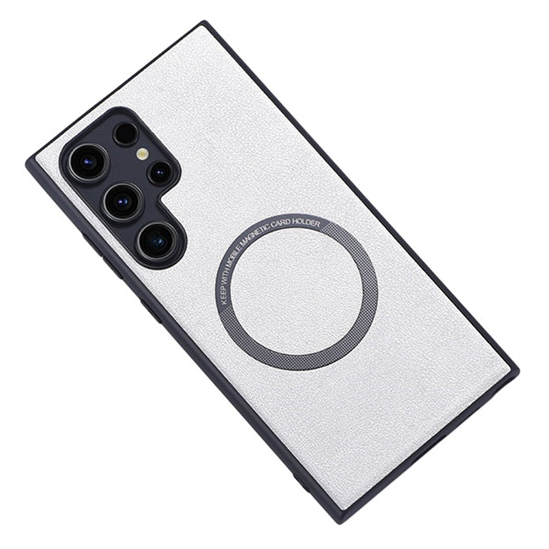 For Samsung Galaxy S24 Ultra Phone Case Compatible with MagSafe Leather+TPU Cover - White