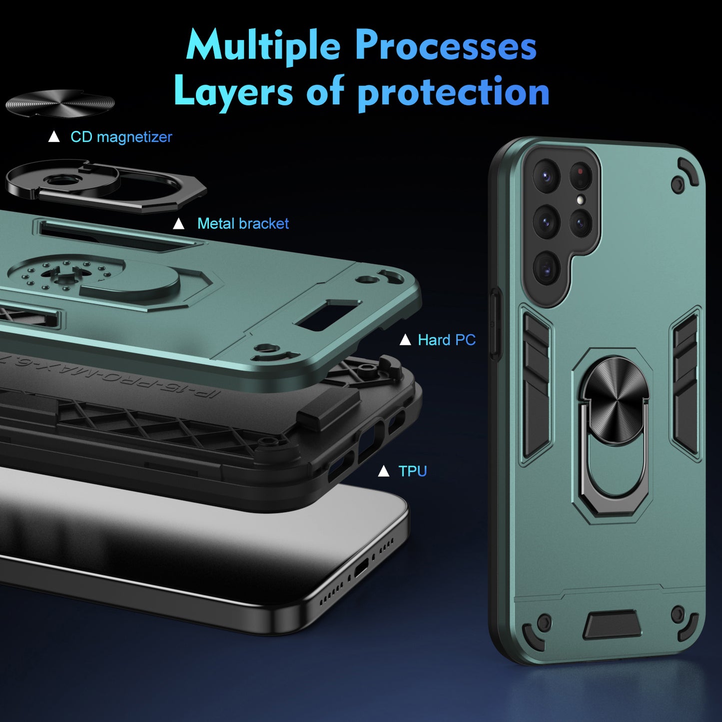 For Samsung Galaxy S24 Ultra Case Ring Kickstand PC+TPU Phone Cover Support Magnetic Car Mount - Green