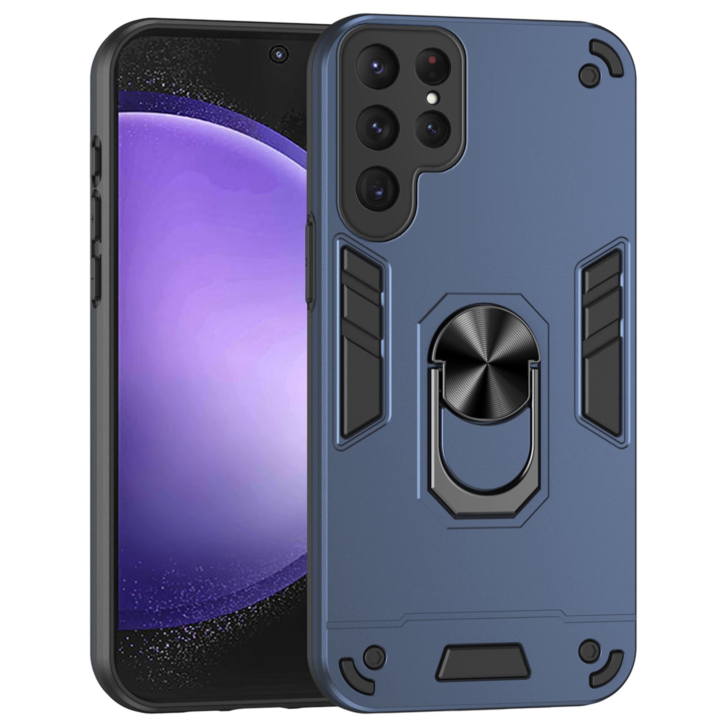 For Samsung Galaxy S24 Ultra Case Ring Kickstand PC+TPU Phone Cover Support Magnetic Car Mount - Blue