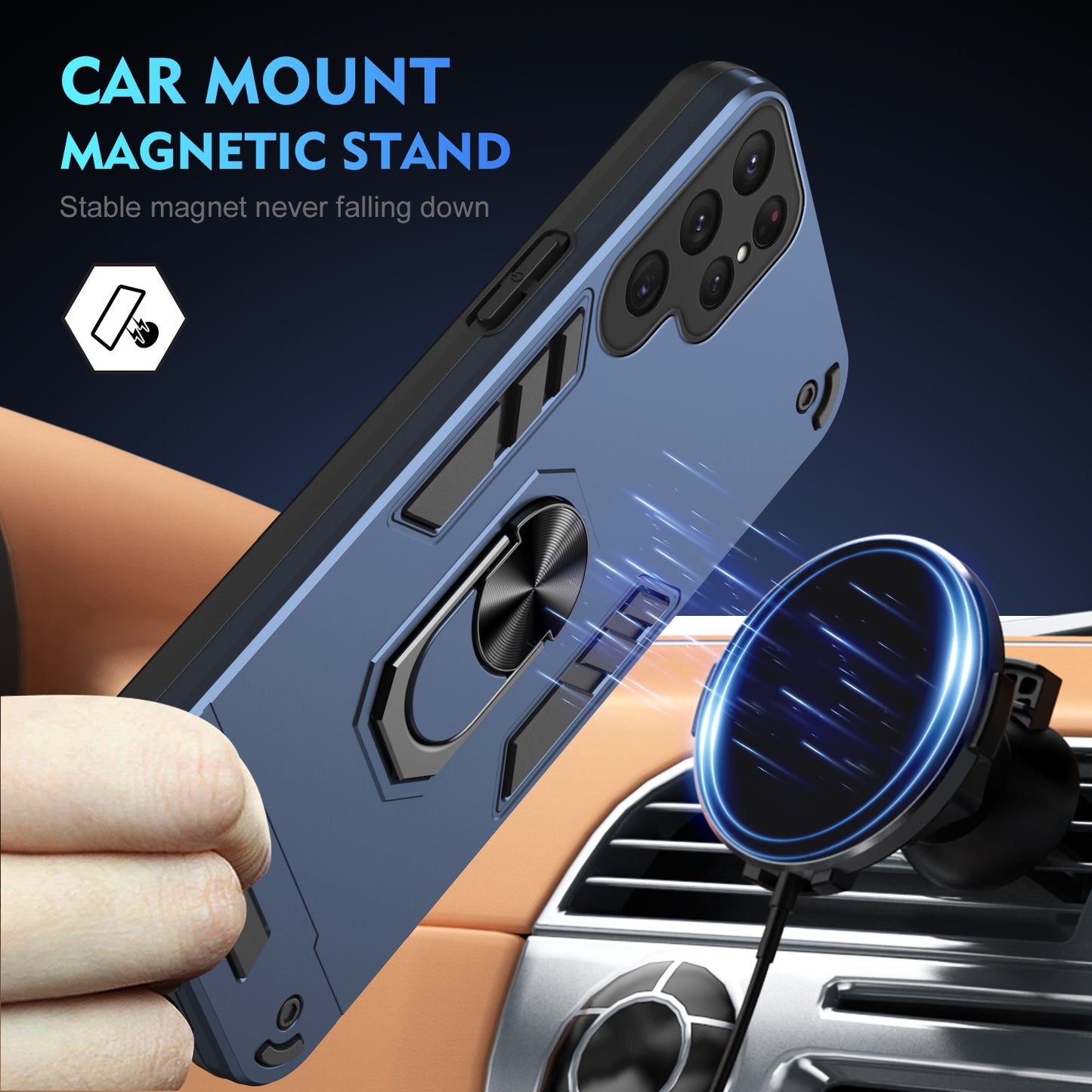 For Samsung Galaxy S24 Ultra Case Ring Kickstand PC+TPU Phone Cover Support Magnetic Car Mount - Blue