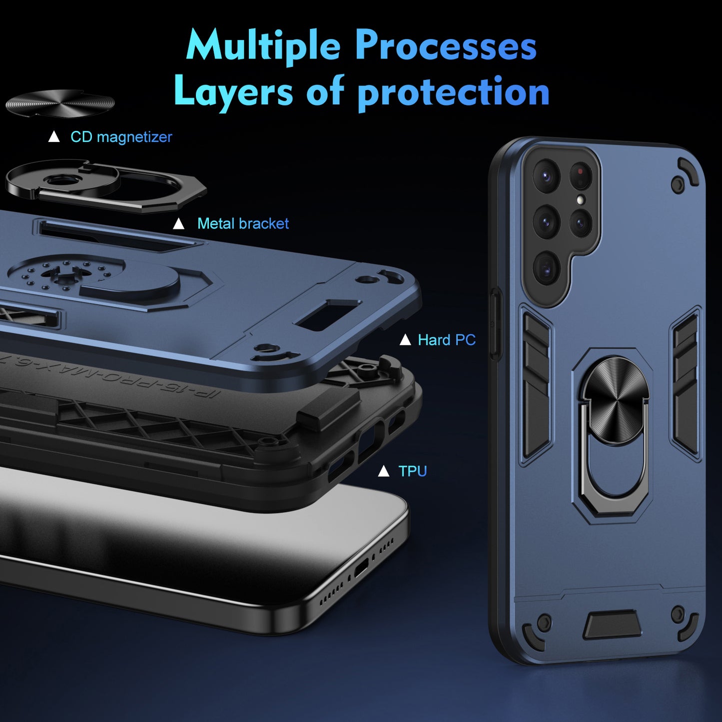 For Samsung Galaxy S24 Ultra Case Ring Kickstand PC+TPU Phone Cover Support Magnetic Car Mount - Blue