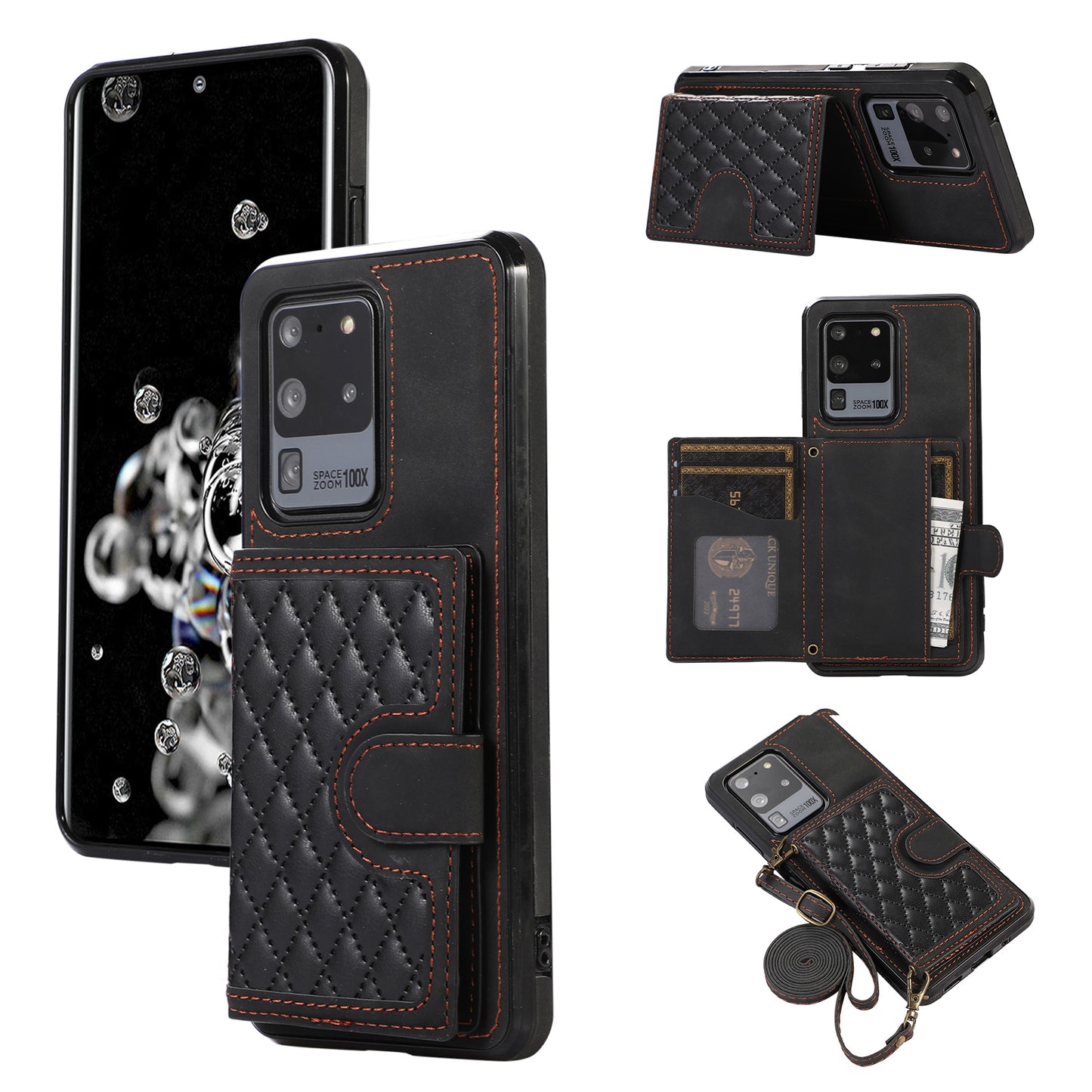 Phone Case for Samsung Galaxy S20 Ultra Card Holder TPU+PU Leather Kickstand Phone Cover - Black