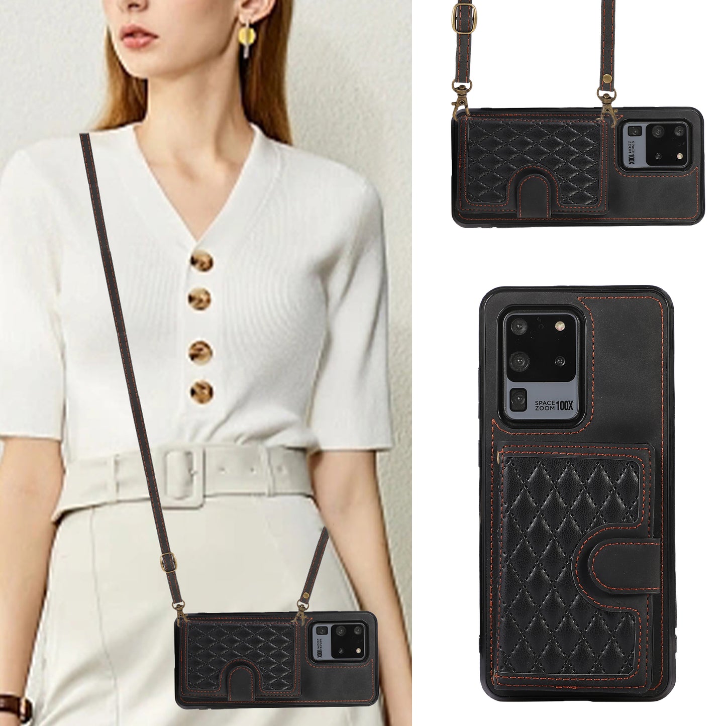 Phone Case for Samsung Galaxy S20 Ultra Card Holder TPU+PU Leather Kickstand Phone Cover - Black