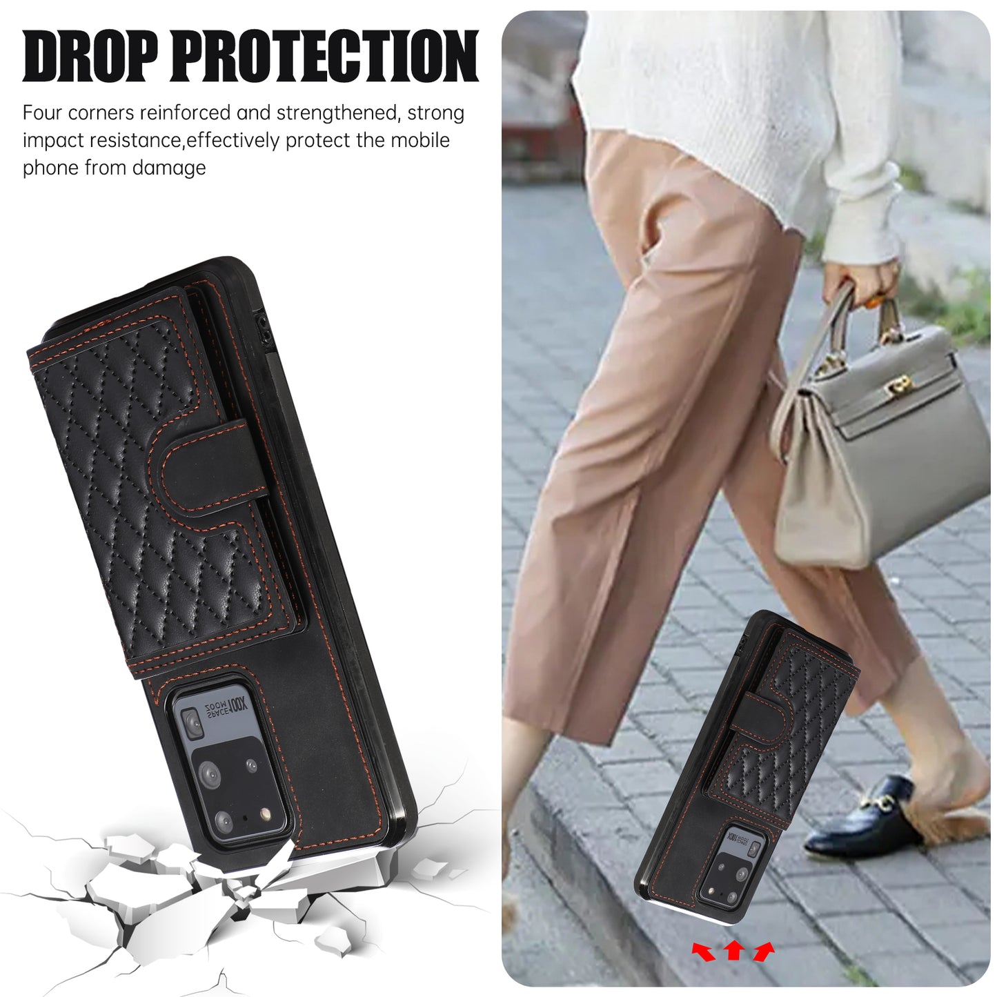 Phone Case for Samsung Galaxy S20 Ultra Card Holder TPU+PU Leather Kickstand Phone Cover - Black