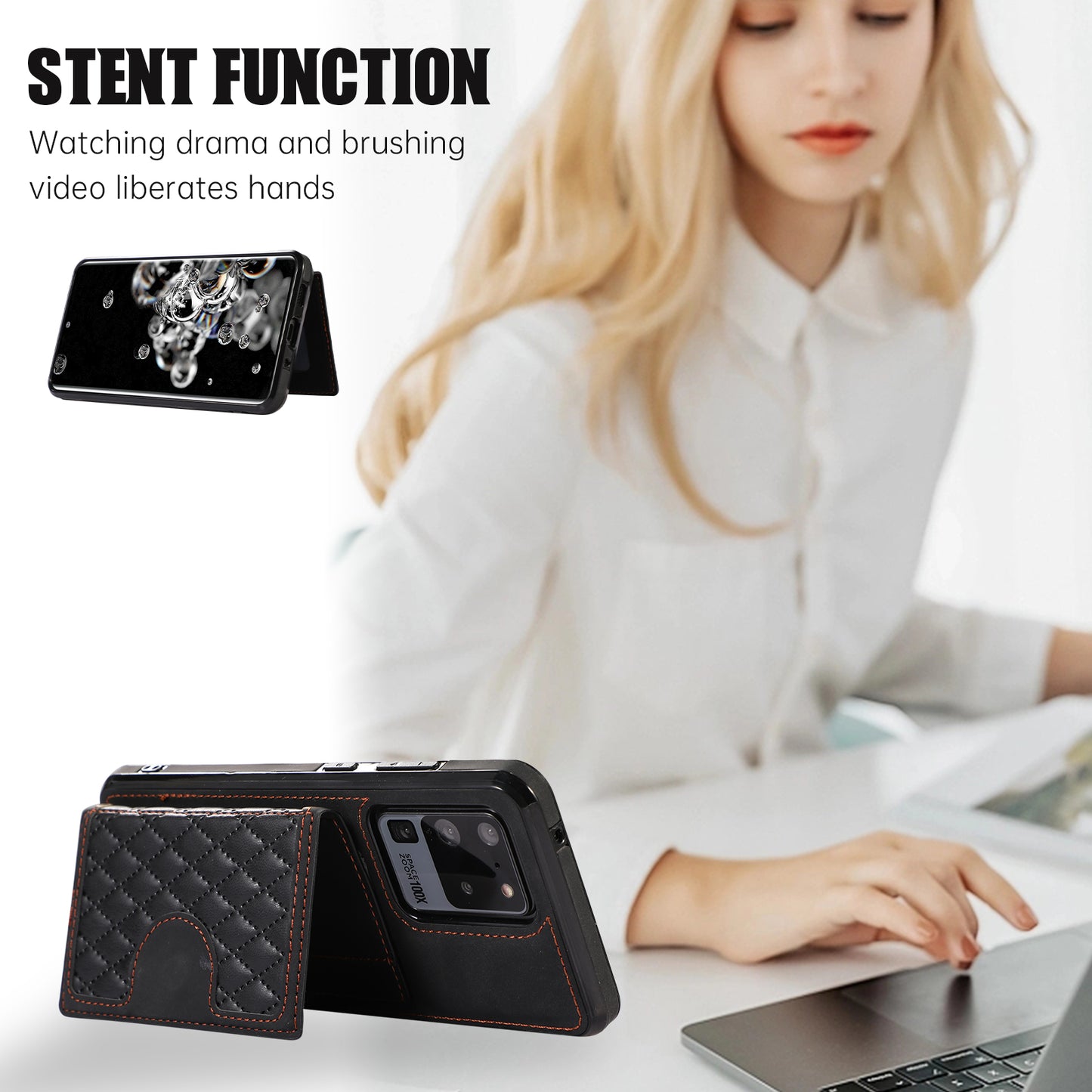 Phone Case for Samsung Galaxy S20 Ultra Card Holder TPU+PU Leather Kickstand Phone Cover - Black