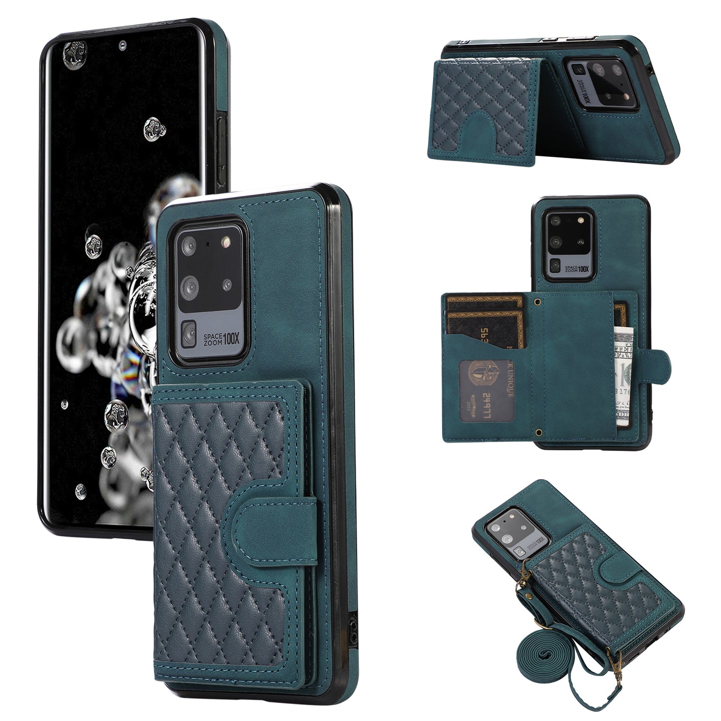 Phone Case for Samsung Galaxy S20 Ultra Card Holder TPU+PU Leather Kickstand Phone Cover - Green