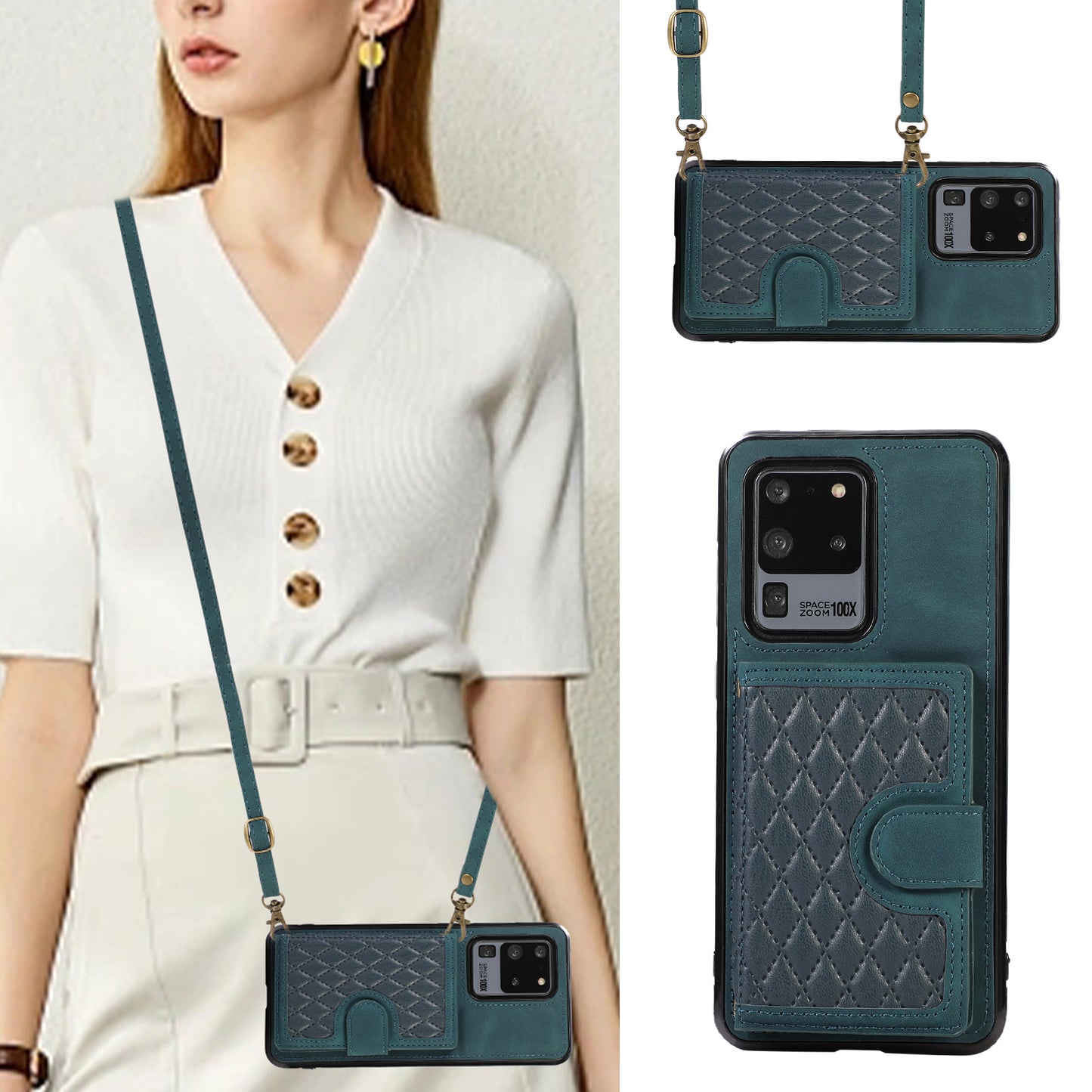 Phone Case for Samsung Galaxy S20 Ultra Card Holder TPU+PU Leather Kickstand Phone Cover - Green