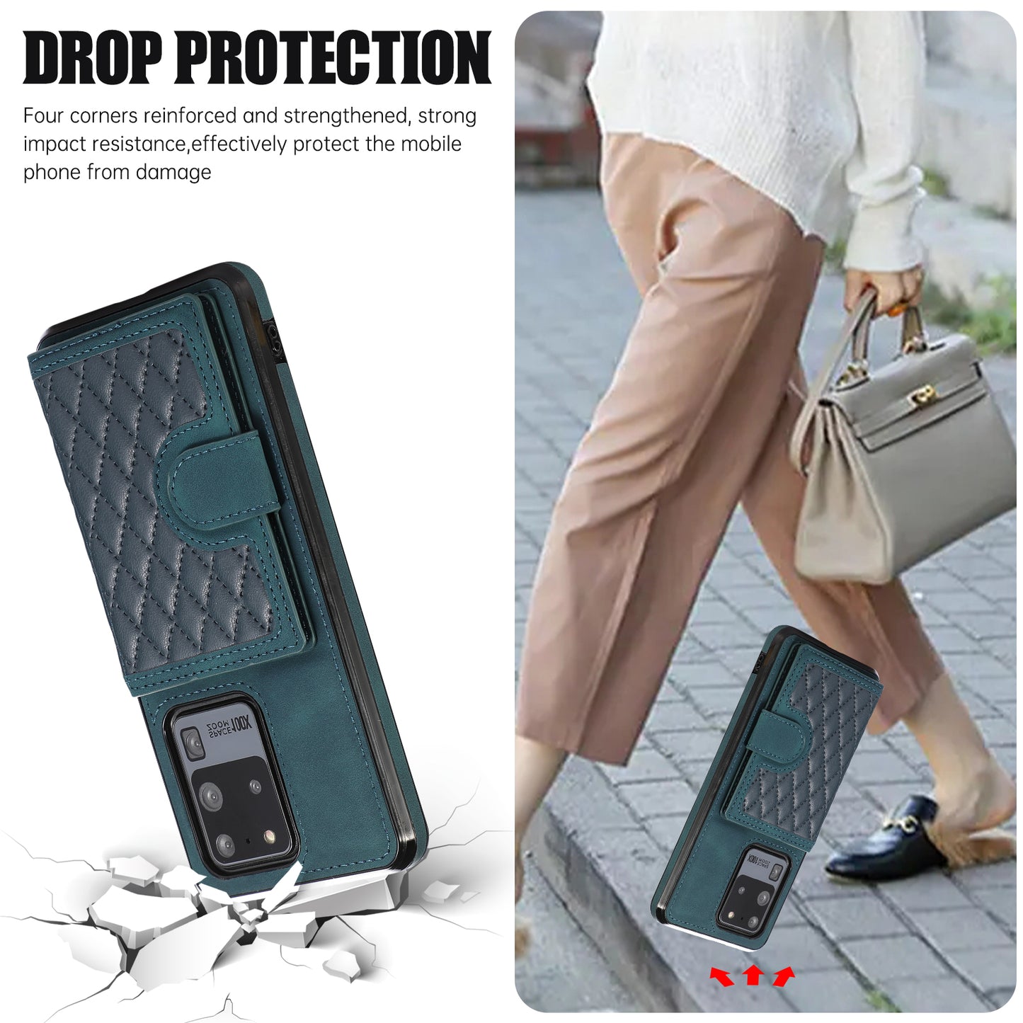 Phone Case for Samsung Galaxy S20 Ultra Card Holder TPU+PU Leather Kickstand Phone Cover - Green