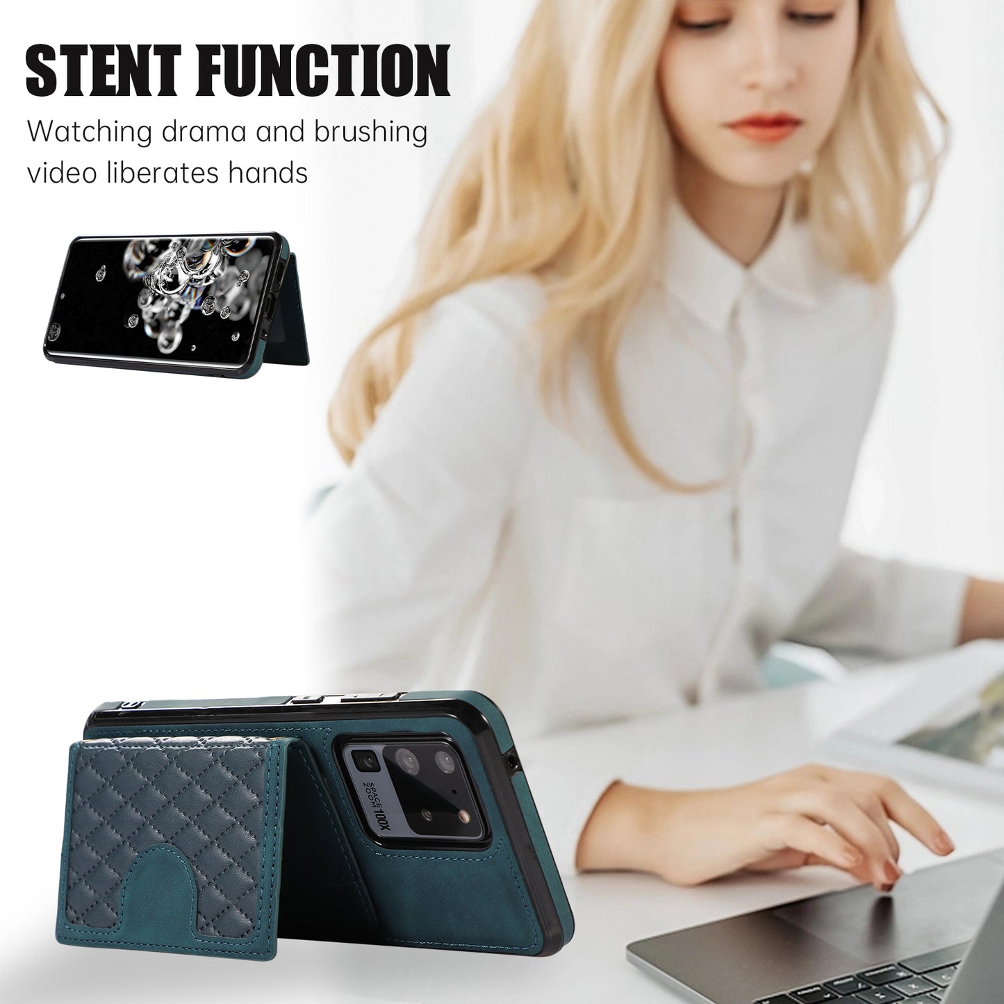 Phone Case for Samsung Galaxy S20 Ultra Card Holder TPU+PU Leather Kickstand Phone Cover - Green