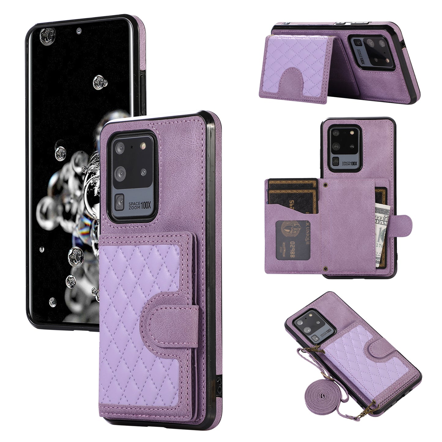 Phone Case for Samsung Galaxy S20 Ultra Card Holder TPU+PU Leather Kickstand Phone Cover - Purple