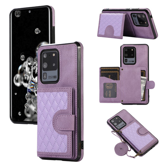 Phone Case for Samsung Galaxy S20 Ultra Card Holder TPU+PU Leather Kickstand Phone Cover - Purple
