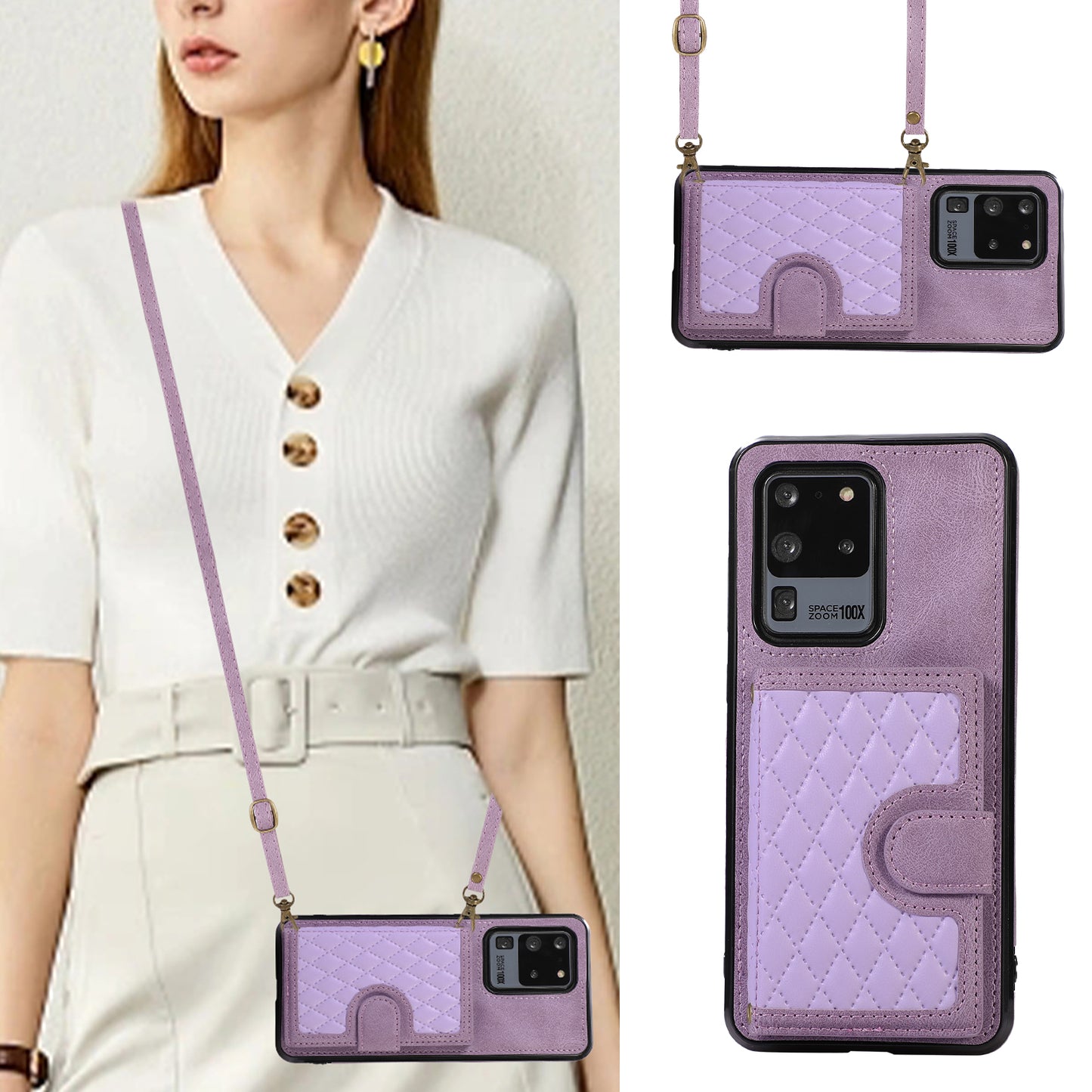 Phone Case for Samsung Galaxy S20 Ultra Card Holder TPU+PU Leather Kickstand Phone Cover - Purple