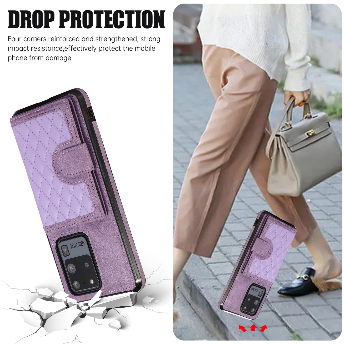 Phone Case for Samsung Galaxy S20 Ultra Card Holder TPU+PU Leather Kickstand Phone Cover - Purple
