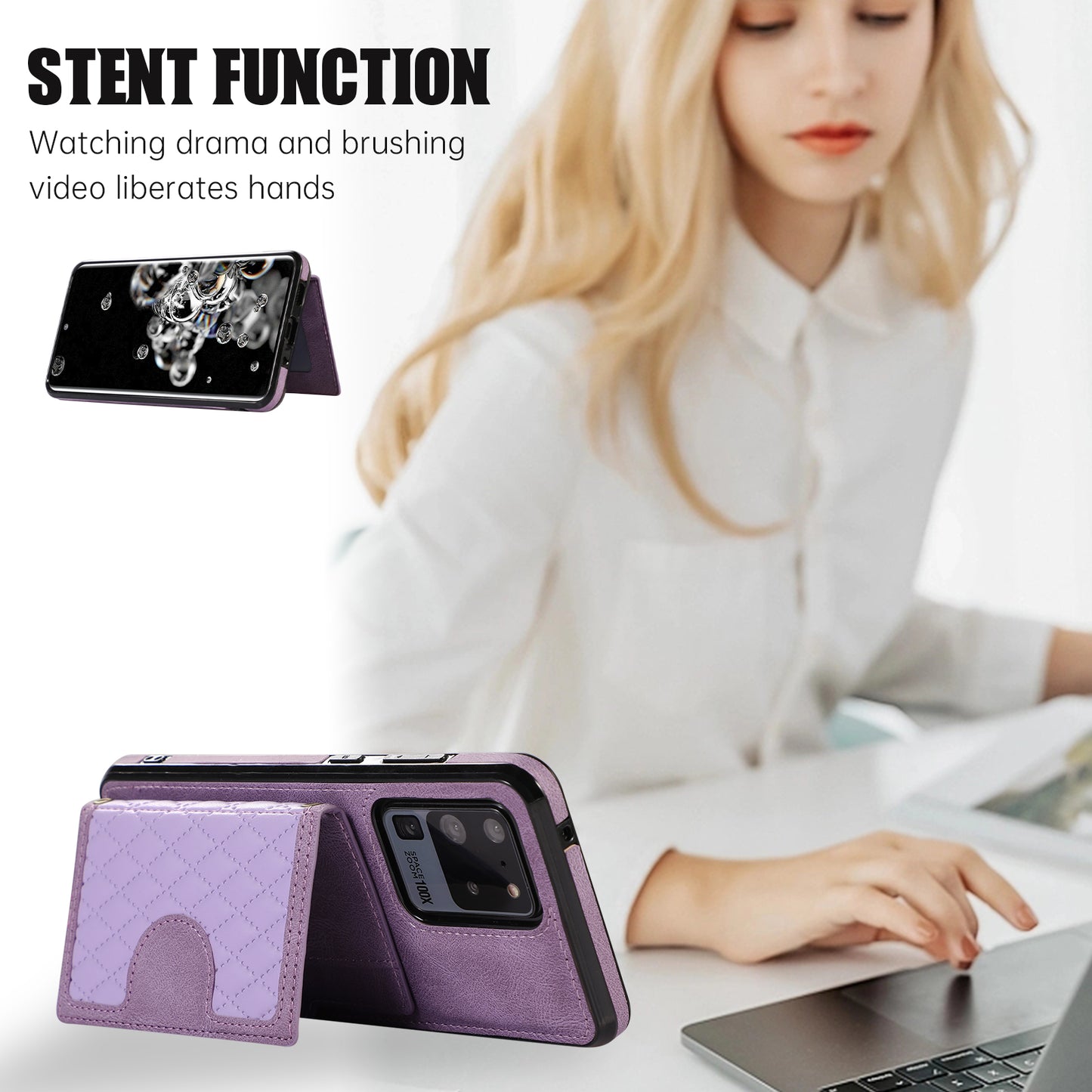 Phone Case for Samsung Galaxy S20 Ultra Card Holder TPU+PU Leather Kickstand Phone Cover - Purple