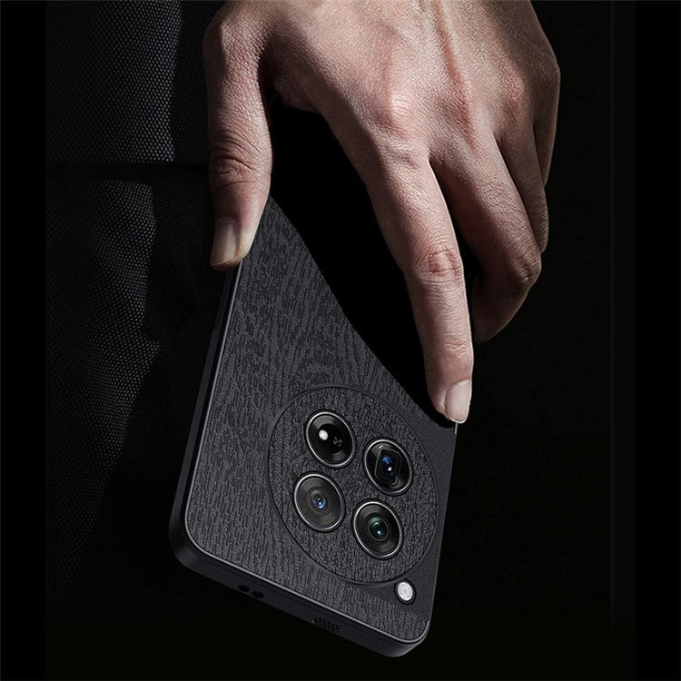 For OnePlus 12 5G Cell Phone Case Bump Proof Wood Grain Back Cover - Black