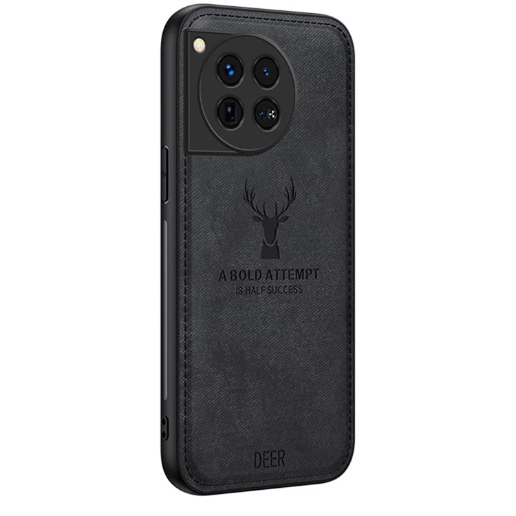 For OnePlus 12 5G Deer Pattern Case Cloth Texture TPU+PC+PU Leather Phone Cover - Black