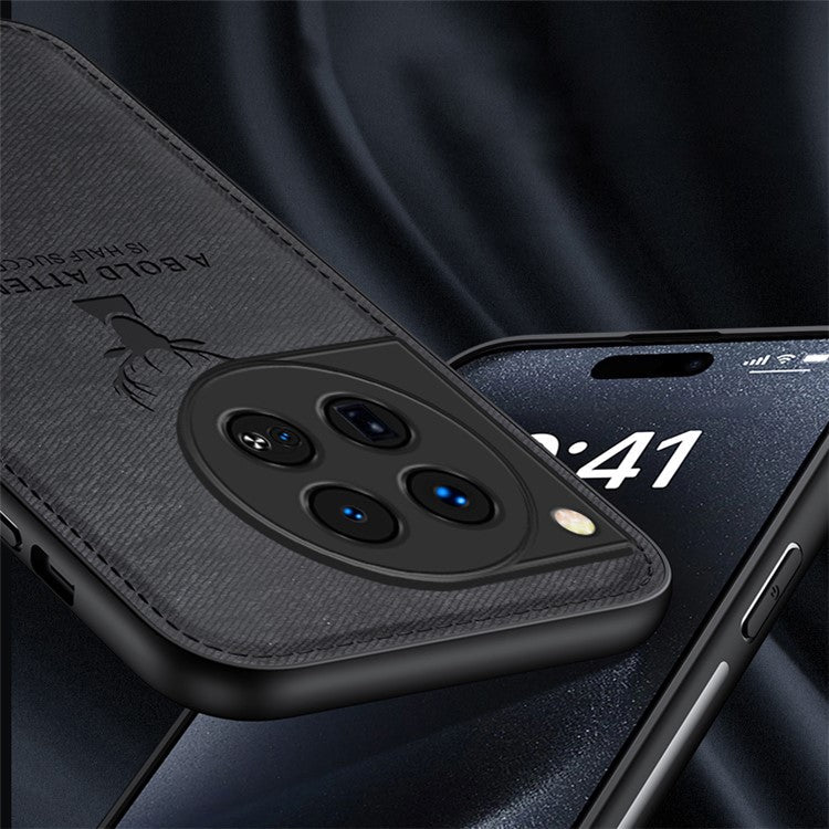 For OnePlus 12 5G Deer Pattern Case Cloth Texture TPU+PC+PU Leather Phone Cover - Black