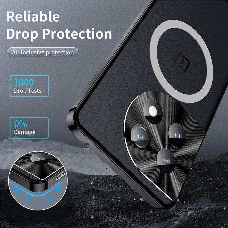 For OnePlus 12 5G Matte Case Compatible with MagSafe Metal Frame Protective Phone Cover - Black