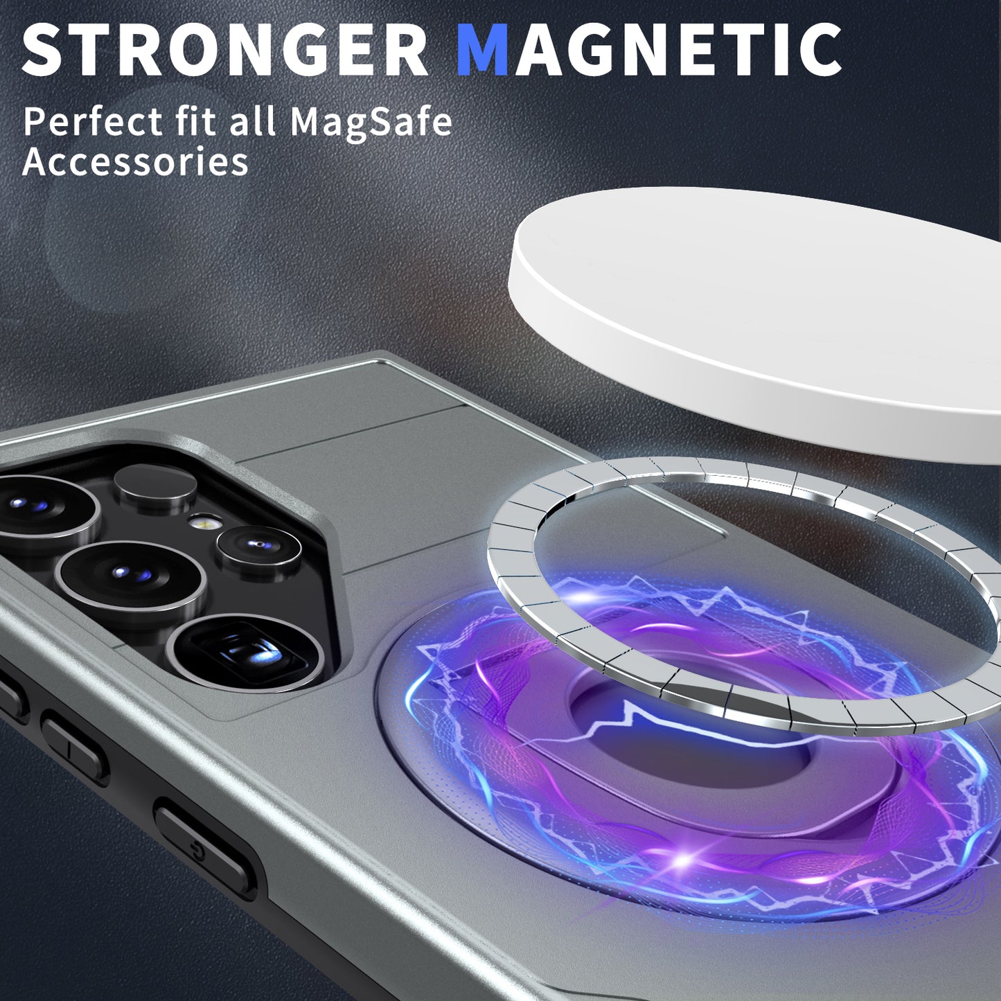 For Samsung Galaxy S24 Ultra Cell Phone Case PC+TPU Slide Lens Window Cover Compatible with MagSafe - Grey