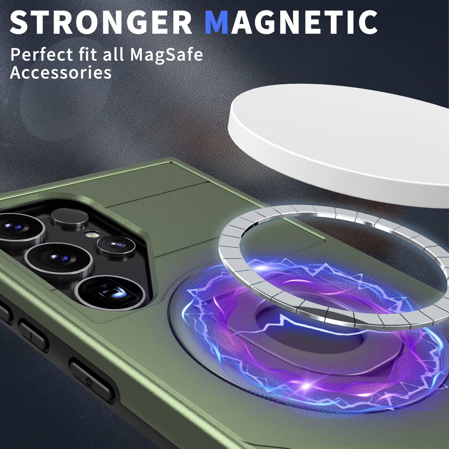 For Samsung Galaxy S24 Ultra Cell Phone Case PC+TPU Slide Lens Window Cover Compatible with MagSafe - Green
