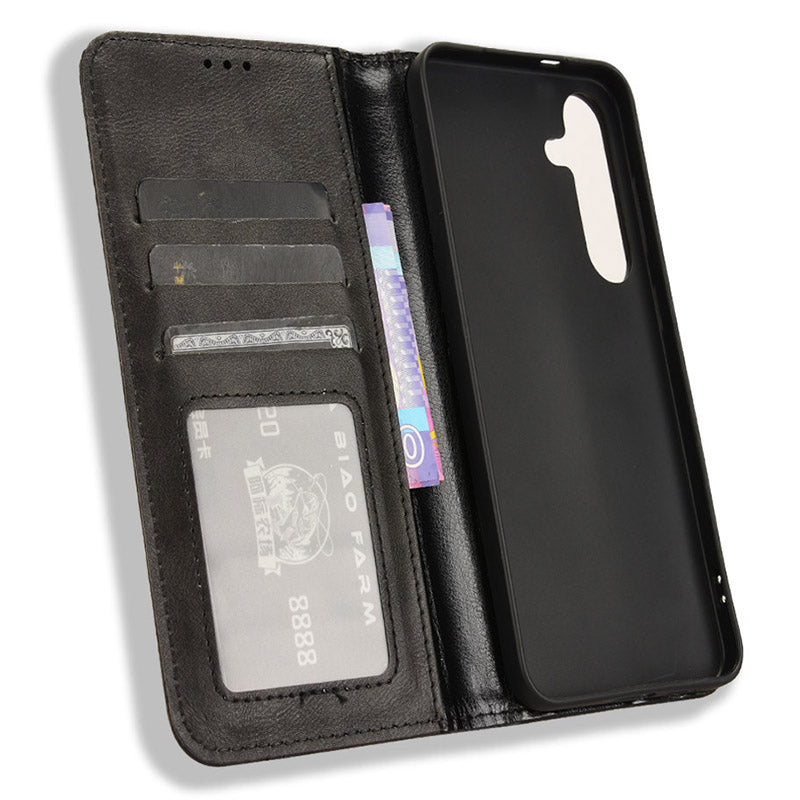 For Samsung Galaxy S24+ Wallet Phone Case Retro Texture Leather Cover - Black