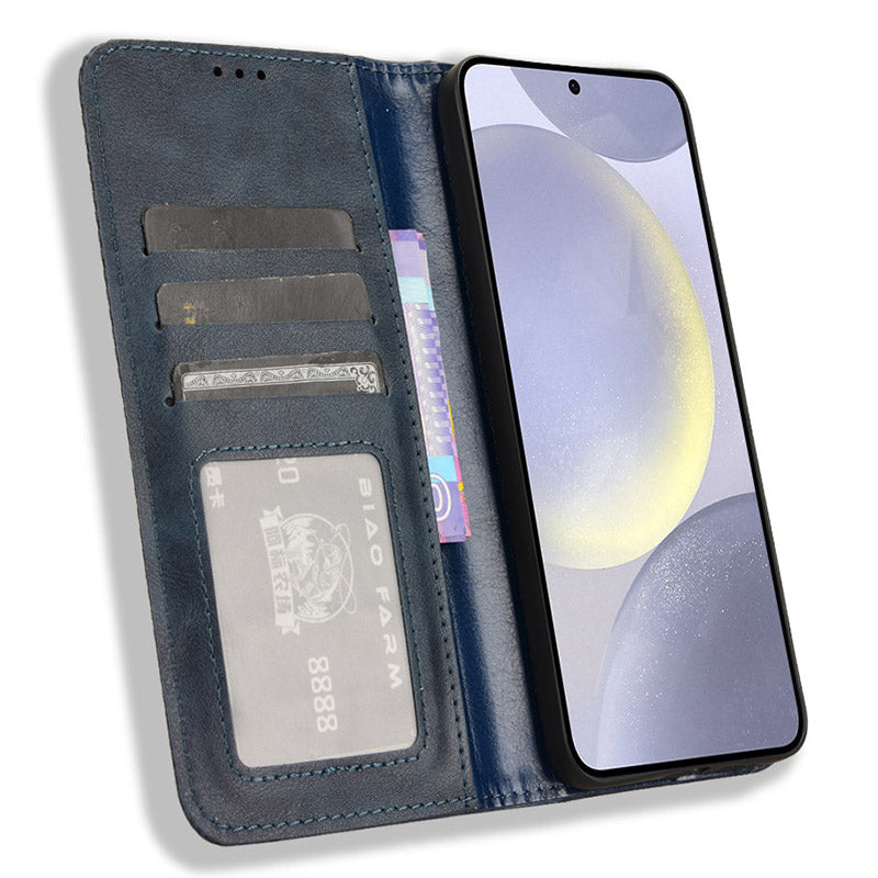 For Samsung Galaxy S24 Retro Phone Case Magnetic Closing Wallet Leather Cover - Blue