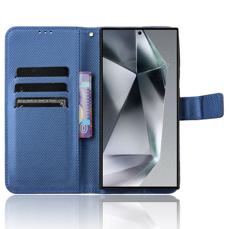 For Samsung Galaxy S24 Ultra Phone Case Wallet Leather Cover Diamond Texture - Blue