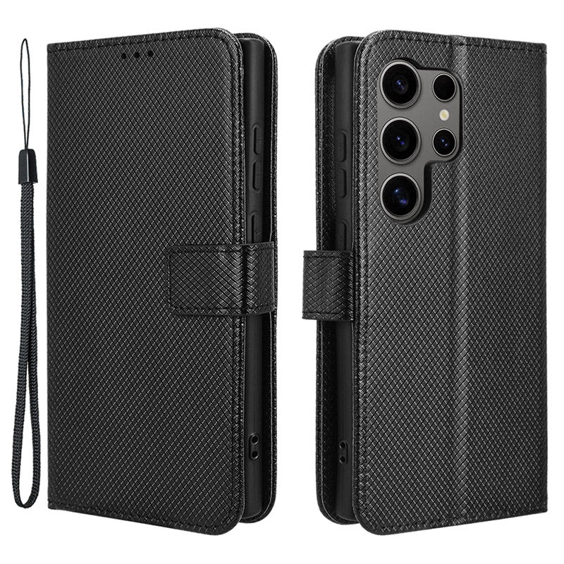 For Samsung Galaxy S24 Ultra Phone Case Wallet Leather Cover Diamond Texture - Black