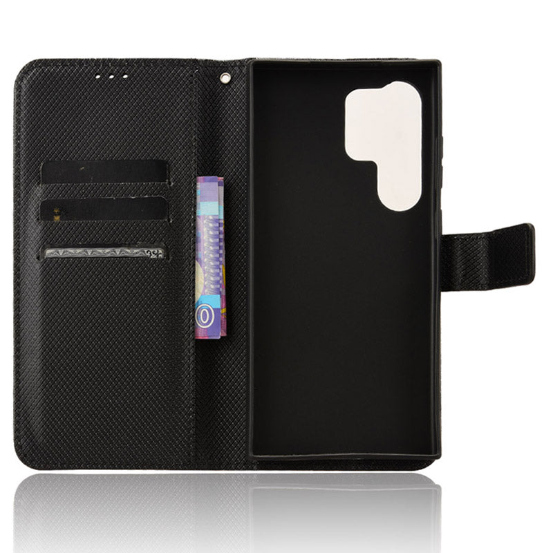 For Samsung Galaxy S24 Ultra Phone Case Wallet Leather Cover Diamond Texture - Black
