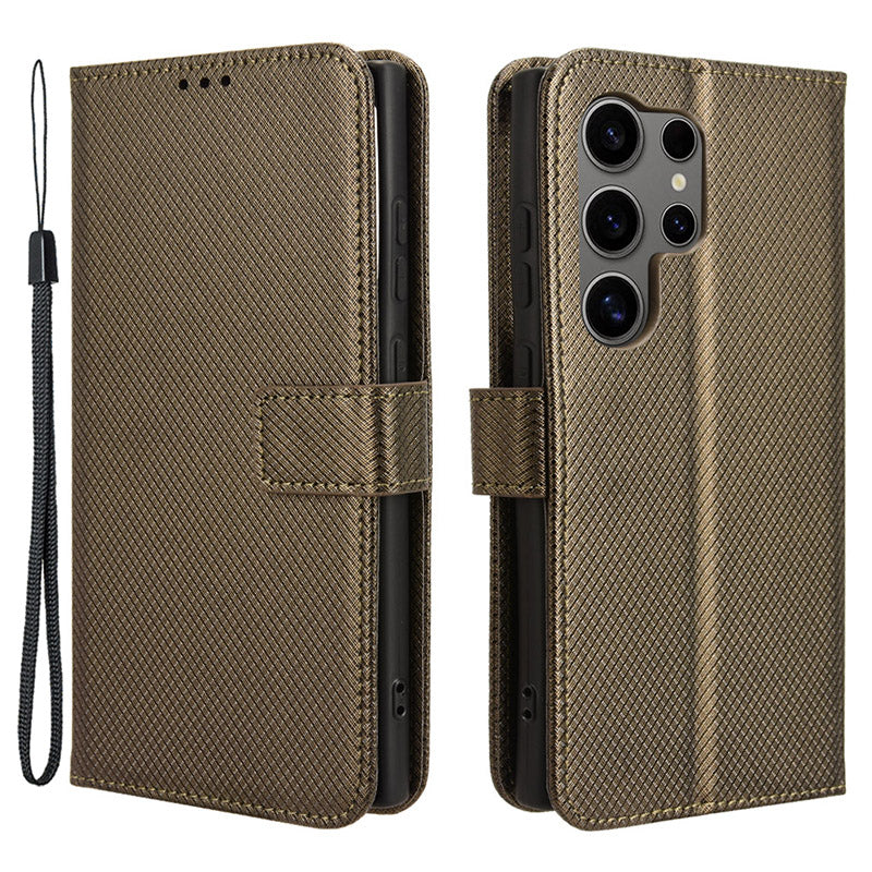 For Samsung Galaxy S24 Ultra Phone Case Wallet Leather Cover Diamond Texture - Brown