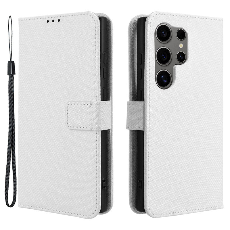 For Samsung Galaxy S24 Ultra Phone Case Wallet Leather Cover Diamond Texture - White