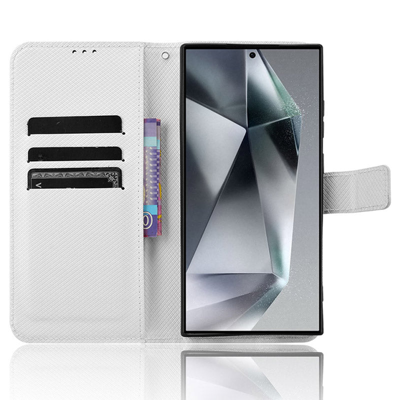 For Samsung Galaxy S24 Ultra Phone Case Wallet Leather Cover Diamond Texture - White