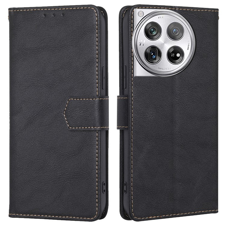 For OnePlus 12 5G Magnetic Phone Case Cowhide Texture 3 Card Slots Stand Cover - Black