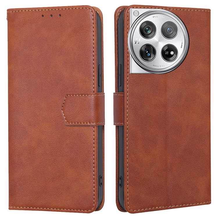 For OnePlus 12 5G Magnetic Phone Case Cowhide Texture 3 Card Slots Stand Cover - Brown